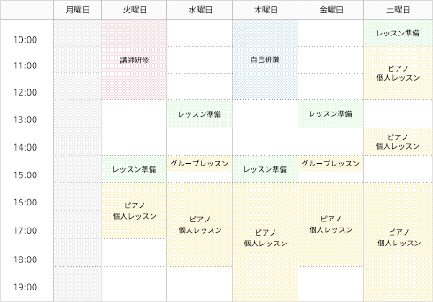 月曜日 火曜日 水曜日 木曜日 金曜日 土曜日 10:00 11:00 12:00 13:00 14:00 15:00 16:00 17:00 18:00 19:00 講師研修 自己研鑽 レッスン準備 ピアノ 個人レッスン レッスン準備 レッスン準備 ピアノ 個人レッスン レッスン準備 グループレッスン レッスン準備 グループレッ ピアノ 個人レッスン ピアノ 個人レッスン  ピアノ 個人レッスン ピアノ 個人レッスン ピアノ 個人レッスン 